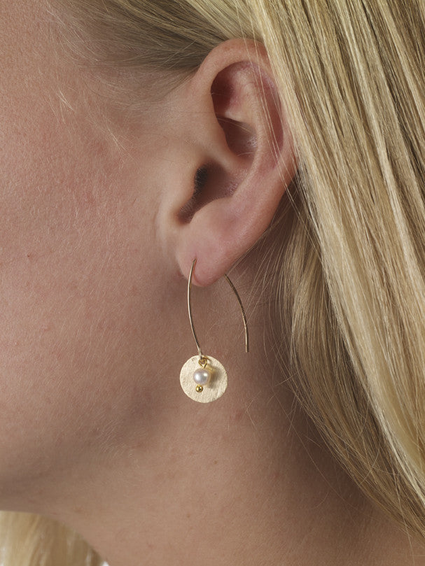 Pearl Disc Drop Earrings | Sterling Silver & 9k Gold | Freshwater Seed Pearls