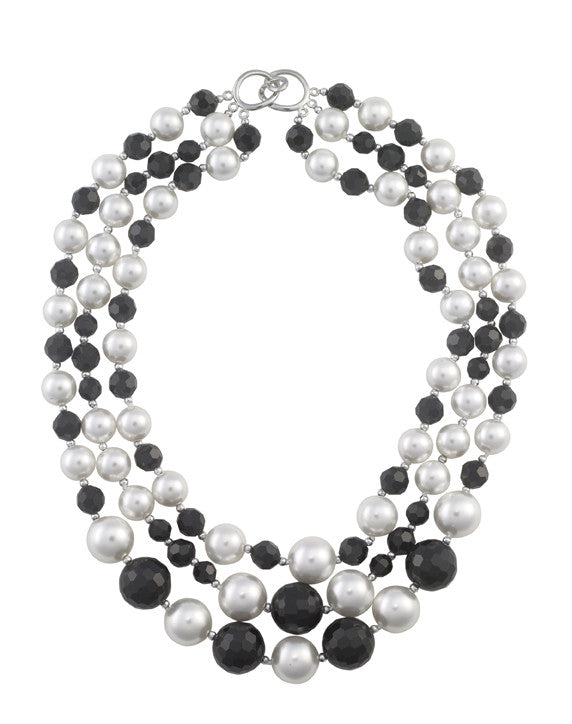 3-Strand Black Crystal & White Shell Pearl Necklace | Statement Jewelry