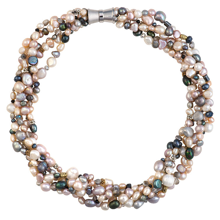 5-Strand Pearl, Crystal & Tibetan Bead Statement Necklace | 18" Multi-Strand