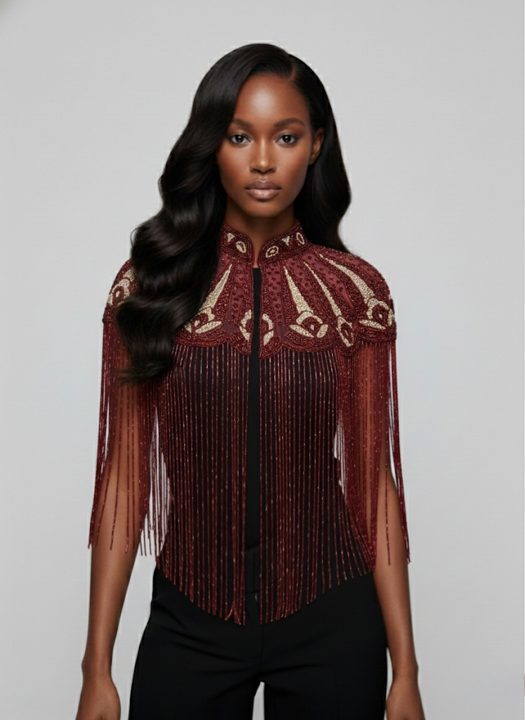 Luxurious Hand-Beaded Cape | Gold, Silver & Black with Pearl Accents | One Size