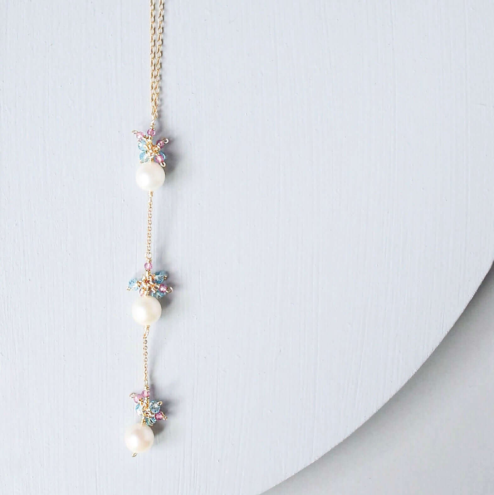 Freshwater Pearl & Aquamarine Quartz Necklace — 14K Gold Plated Sterling Silver